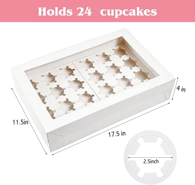 TOMNK 6 Pack Cupcake Boxes with Window for 24 Standard or Mini Cupcakes, White Cupcake Containers with Window for Birthday Holiday Party and Grad Party Dessert Packaging (17.5x11.5x4 Inch)