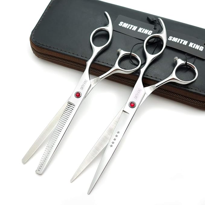 7.0 Inches Hair Cutting Scissors Set with Combs Lether Scissors Case,Hair cutting shears Hair Thinning shears For Personal and Professional (Silver)