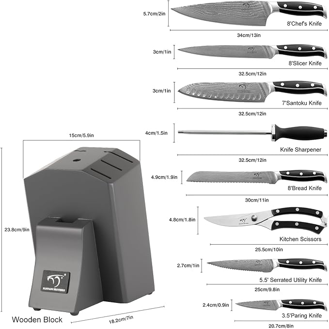 Damascus Kitchen Knife Set with Block, 9-Piece 67-Layer VG10 Damascus Steel Knife Set with Triple-Rivet Handles, Chef, Santoku, Utility, Bread & Paring Knives, Sharpener, Shears, Grey