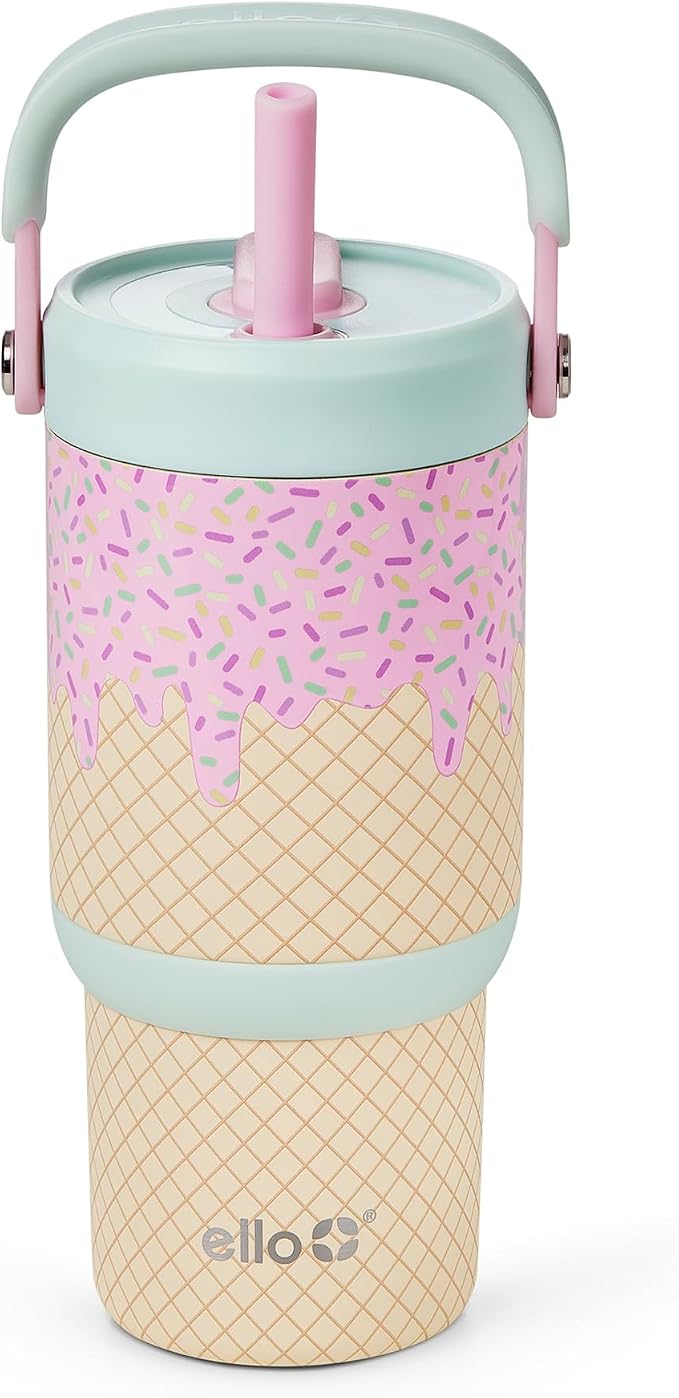 Ello Oasis Go 14oz Stainless Steel Kids Tumbler with Top Handle & Retracting Straw, 100% Leakproof, Double-Wall Vacuum Insulated, Kids Water Bottle for School, BPA Free, Dishwasher Safe, A La Mode