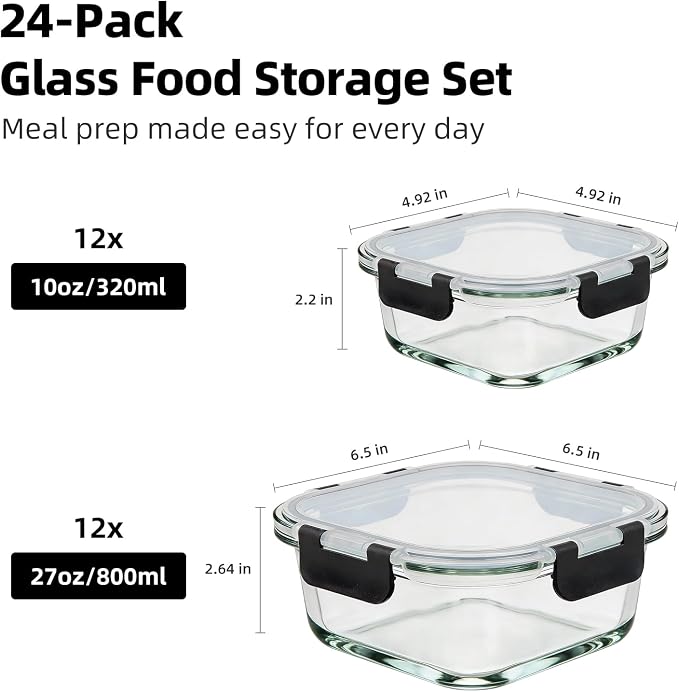 Konokyo Square Glass Food Storage Containers with Lids, 24 Pack Airtight Leakproof Meal Prep Containers, BPA-Free, Microwave Oven Freezer & Dishwasher Safe, Assorted Sizes