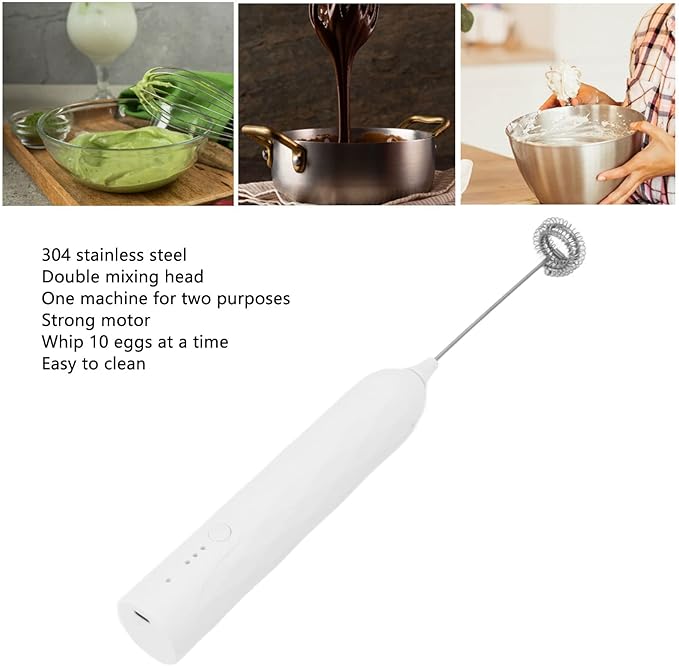 Rechargeable Milk Frother & Egg Beater 3Speed Handheld Electric Whisk with 2 Stainless Steel Heads USB Charging for Coffee Matcha Hot Chocolate (White)