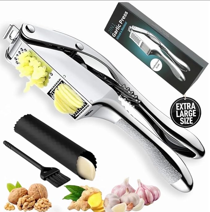 Garlic Press 3 in 1 Stainless Steel & Peeler – Durable Garlic Mincer, Crusher & Chopper with Silicone Roller & Cleaning Brush – Dishwasher Safe Kitchen Gadget