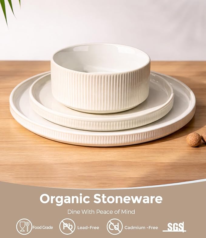 GBHOME Stoneware Dinnerware Sets for 4, 12 Pieces Lightweight Ceramic Ribbed Plates and Bowls Set, Reactive Glaze Stackable Plate Sets, Scratch Resistant Dishes, Microwave & Dishwasher Safe,Cream
