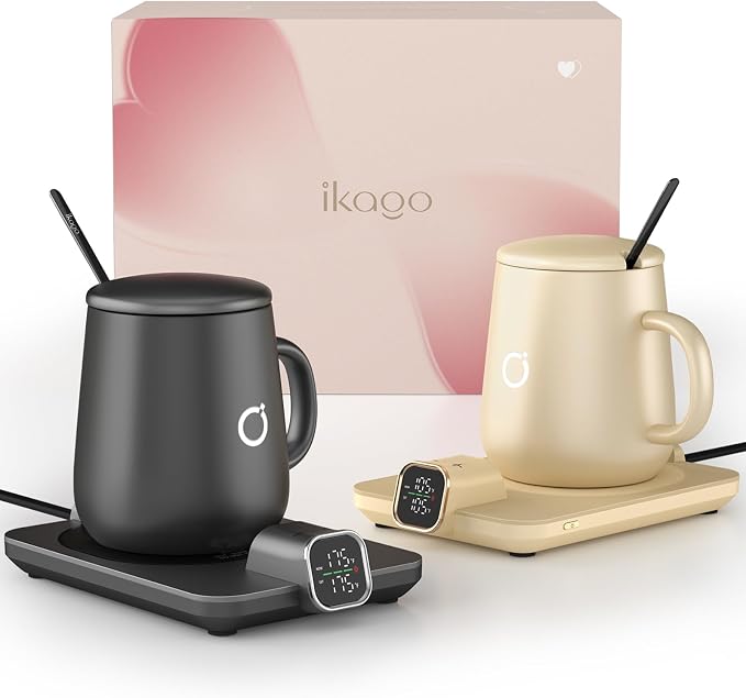2Pcs Heated Coffee Mug Warmer & IKAGO Mug Set - Heated Mug Warmer Plate with Auto Shut Off, 1°F Precise Electric Coffee Warmer Plate for Desk, Cool Valentine's Day Gift for Couple Women and Men