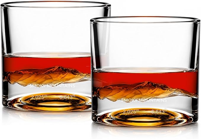 LIITON Smoky Mountain Heavy Crystal Whiskey Glasses Gift Set of 2, Thick Freezable Bourbon Glass 1lb Each, Premium Whiskey Gifts for Men, Frozen Crystal Chills Cocktails, 10 oz