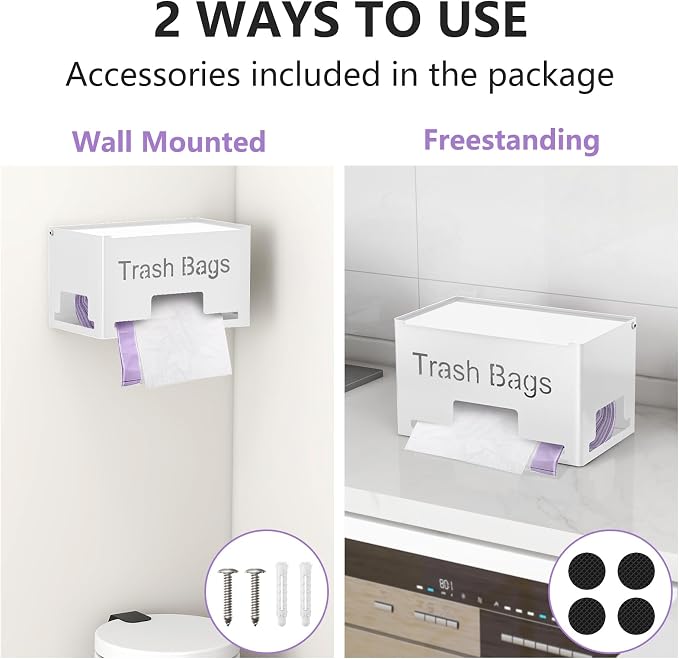 STWWO Extra Large Trash Bag Holder, Garbage Bag Dispenser Holder, White | Trash Bag Storage Organizer for Kitchen Laundry Room Under Sink, Metal Trash Bag Holder Dispenser Wall Mounted /Freestanding