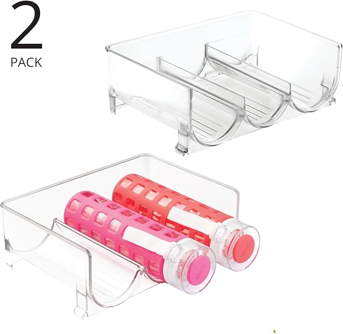 mDesign Stackable Plastic 3 Bottle Refrigerator Wine Rack - Kitchen Storage Organizer for Champagne, Wine or Water Bottles - Stacking Wine Organizer for Fridge - Ligne Collection - 2 Pack - Clear
