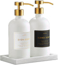 Glass Soap Dispenser Set of 2 (White) with Silicone Tray | Hand and Dish Soap Dispenser for Kitchen and Bathroom | 16.8 Oz Glass Bottles with Stainless Steel Pump & 15 Waterproof Labels (White/Gold)