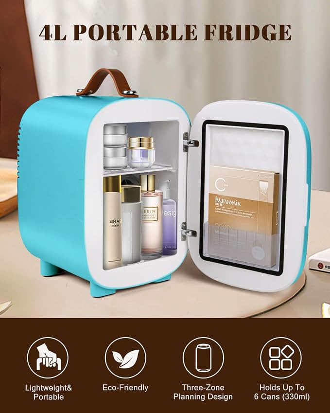 FANSEXPERT Mini Fridge for Bedroom, 4 Liter/6 Cans Skincare Small Refrigerator, AC/DC Portable Mini Cooler & Warmer, Small Fridge for Camping, Dorm, Office, Car (Blue)