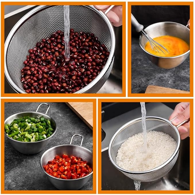 Zerodeko Stainless Steel Colander with Handle and Basin 4.60X2.48X2.20In Multipurpose Food Strainer for Washing Fruits Vegetables and Rice with Fast Drainage and Smooth Edges