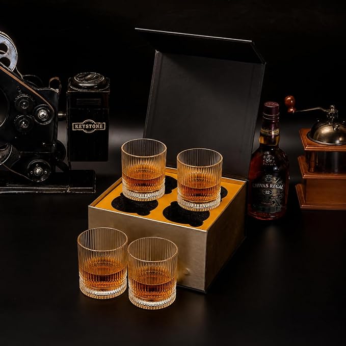 Vintage Whiskey Glasses Set of 4, 12 oz Crystal, Luxury Gift Box | Old fashioned, ribbed design, gift-ready box, birthday, Father's Day, Christmas, gifts for men, home barware