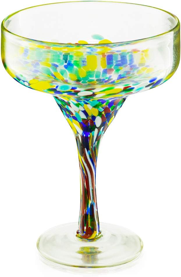 Margarita Glasses – Set of 4 - Luxury Hand Blown Confetti Margaritas, Cocktails, Water, Wine, Dessert, Martini & Champagne Cinco de Mayo, Hand Blown - Mexican Confetti Design Glass, Party, Home & Bar