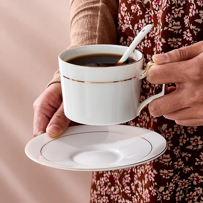 Porcelain Tea Cups and Saucers Set, 6oz Tea Cups with Gold Trim, White Coffee Cups & Mugs Set of 6 with Stand for Cappuccino, Latte, Americano, Tea, Demitasse Cups