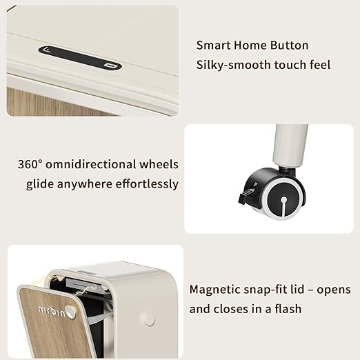 MRBIN Stainless Steel Motion Sensor Trash Can Bathroom with Butterfly Lid and Leg, 5.5 Gal Wheeled Tall Automatic Smart Waste Basket Garbage for Bedroom, Kitchen, Cream White with Walnut Pattern
