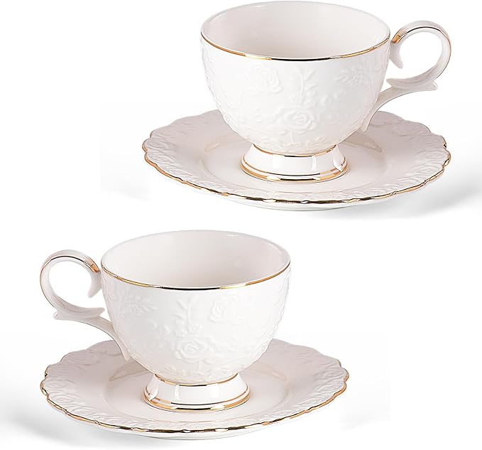 KAMMAK Tea Cups and Saucers Set of 2, 6.7oz Porcelain Coffee Cups with Saucers, Ceramic Espresso Mugs for Coffee, Latte, Americano, Tea, Elegant Teacup and Saucer (YFH14)
