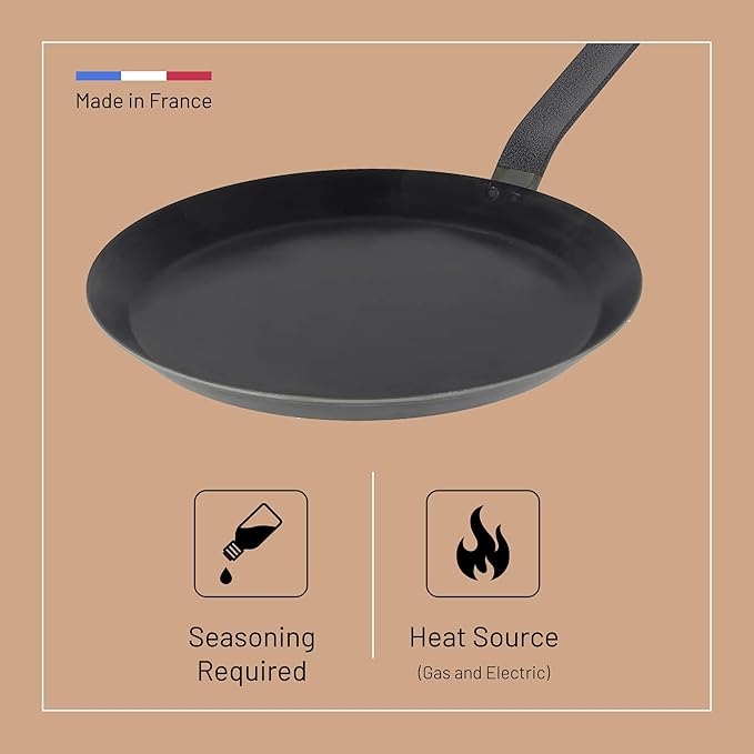 de Buyer Blue Carbon Steel Crepe & Tortilla Pan - 8” Diameter, 6.25" Cooking Surface - Ideal for Making & Reheating Crepes, Tortillas & Pancakes - Naturally Non-Stick Finish - Made in France