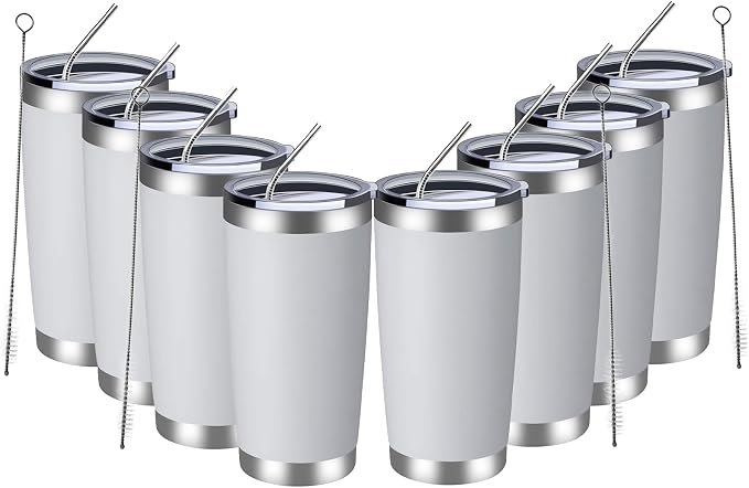 MEWAY 20oz Tumbler 8 Pack Double Wall Vacuum Insulated Travel Mug Bulk, Stainless Steel Tumblers with Lid and Straw, Durable Powder Coated Coffee Cups for Cold & Hot Drinks (White, 8)