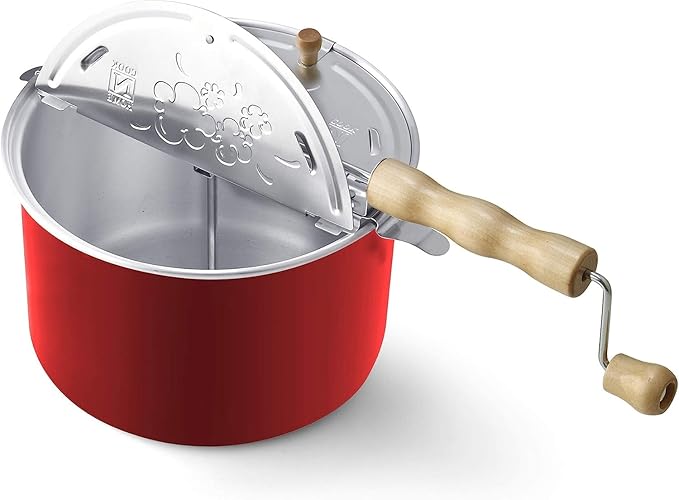 Cook N Home Stovetop Popcorn Popper with Crank, 6-Quart Aluminum Popcorn Pot, Red