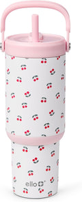 Ello Oasis Go+ 26oz Tumbler with Top Handle and Retracting Straw | Reusable Insulated Stainless Steel Cup, 100% Leakproof Water Bottle, 24 Hours Cold, Cup Holder Friendly For Travel | Cherries Jubilee