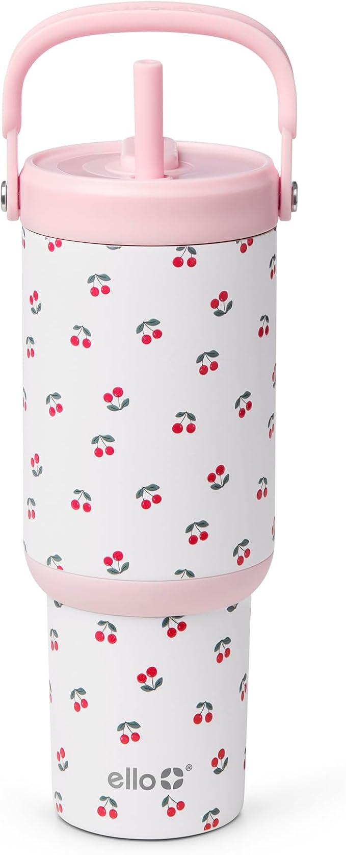 Ello Oasis Go+ 26oz Tumbler with Top Handle and Retracting Straw | Reusable Insulated Stainless Steel Cup, 100% Leakproof Water Bottle, 24 Hours Cold, Cup Holder Friendly For Travel | Cherries Jubilee