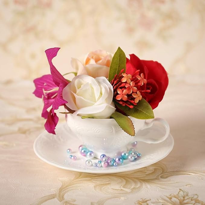 White Fine Porcelain 7 Oz Teacup Saucer Set, Sculpture Surface, Light Weight, Set of Four