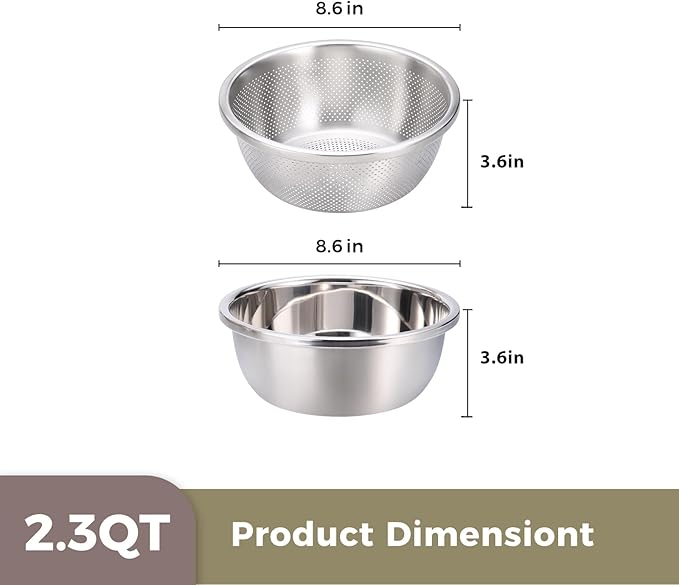 Colander and Bowl Set 2.3QT (2-in-1) - Thickened 304 Stainless Steel Kitchen Strainer Bowl for Fruit, Pasta, Vegetables, Rice - Heavy Duty, Induction Cooker & Dishwasher Safe
