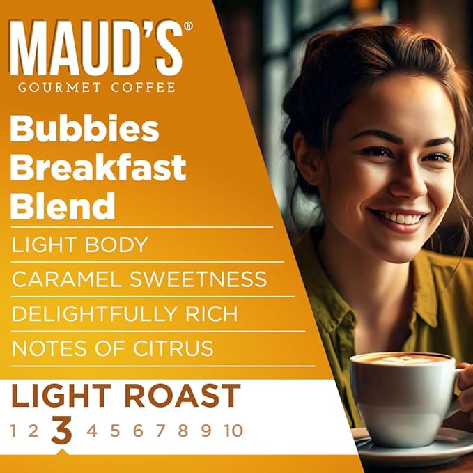 Maud's Breakfast Blend Coffee Pods, 18 ct, Light Roast Coffee in Single Serve Pods – 100% Arabica Beans, Compatible with Keurig K Cups Maker