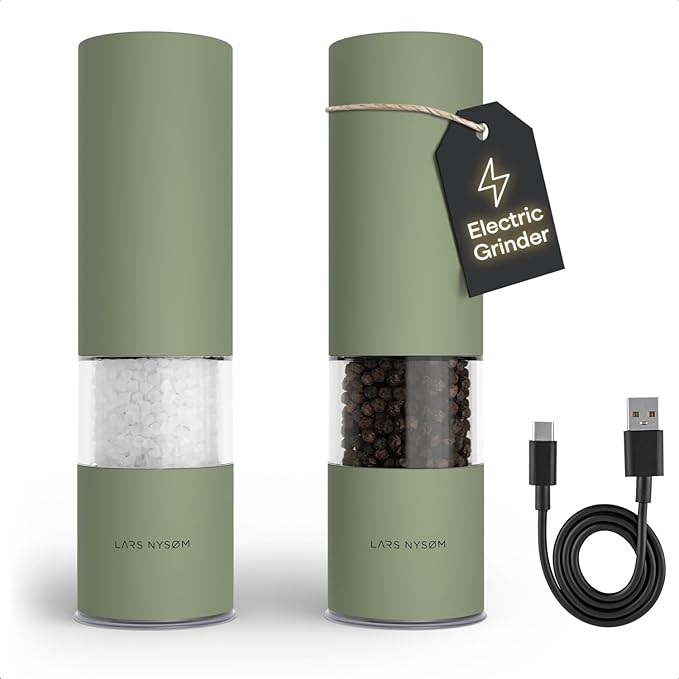 LARS NYSØM Electric Salt and Pepper Grinder Set I Automatic Salt and Pepper Mills with Adjustable Ceramic Grinder I USB Rechargeable Electric Spice Mill Set with LED Light (Sage Green)