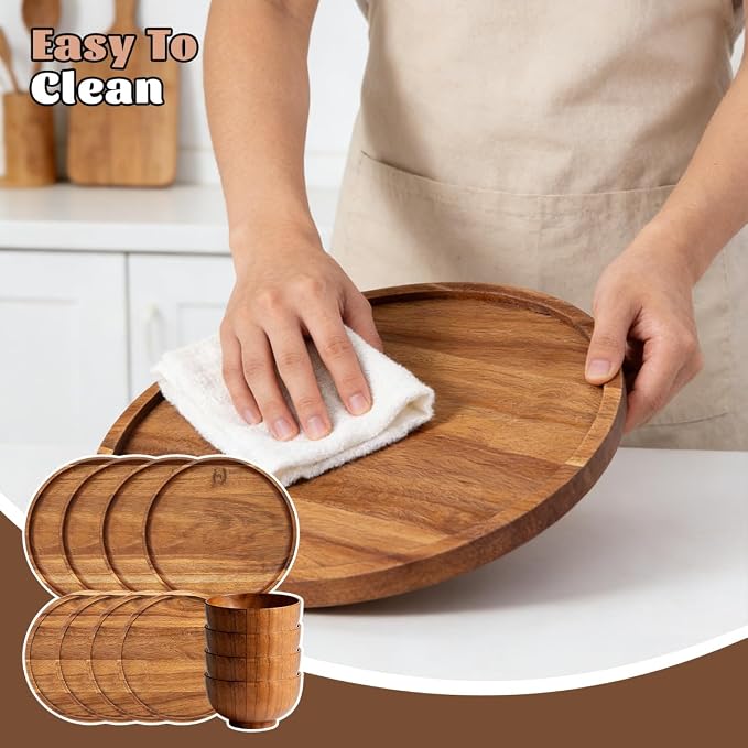 12 Pcs Wood Dinnerware Set,8 Inch 10 Inch Round Wooden Plates and wooden bowl,4 Person Set of Wooden Dinner Ware Set for Main Meals,Snacks and Desserts