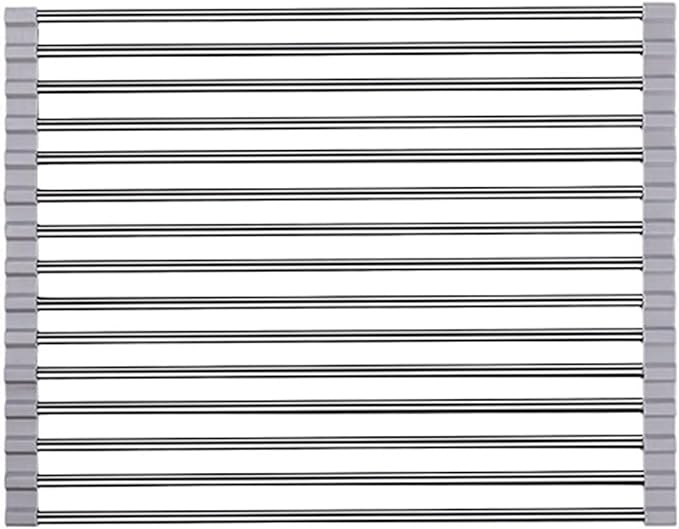 Roll-Up Dish Drying Rack Over the Kitchen Sink, Non-Slip Drain Board Strainer, Drain Board Rust-Resistant Utensil Holder(Small,15-Club)