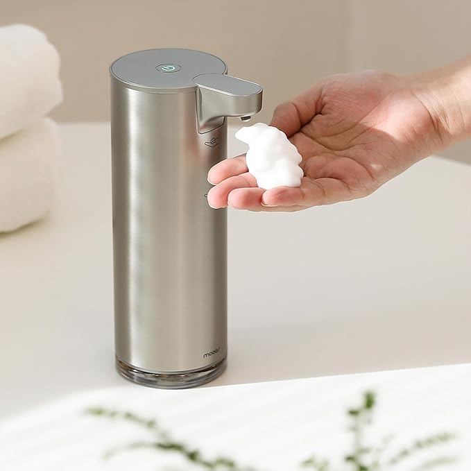 mooas Automatic Foaming Hand Soap Dispenser 2 Set (Ivory & Metal) Stainless Steel Rechargeable 2 Level Adjustable Touchless Soap Dispensers for Kitchen, Bathroom, Commercial 9.4oz Each
