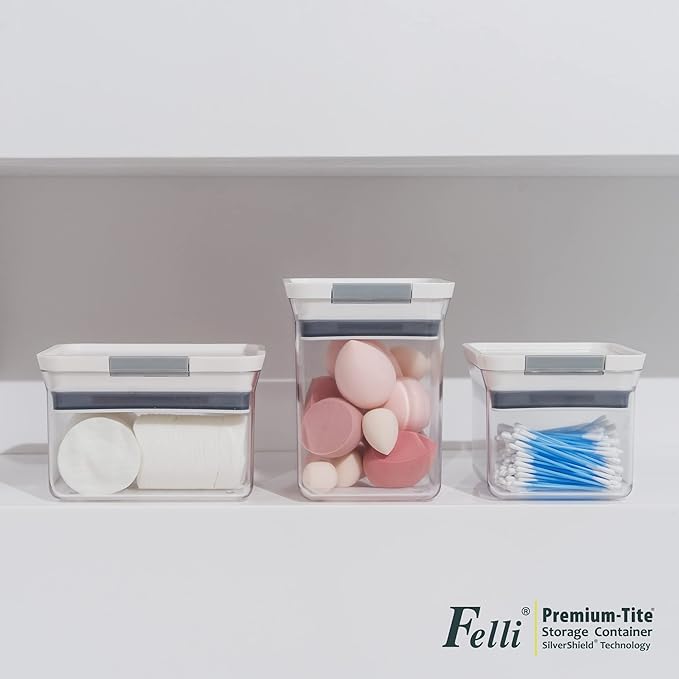 Felli Premium Tite Airtight Storage Container Set, 4 Pack - Clear Plastic Canisters with Easy Flip Lock Lids, Stackable Kitchen Pantry & Bathroom Organizer for Snacks, Dry Goods, Makeup, BPA Free