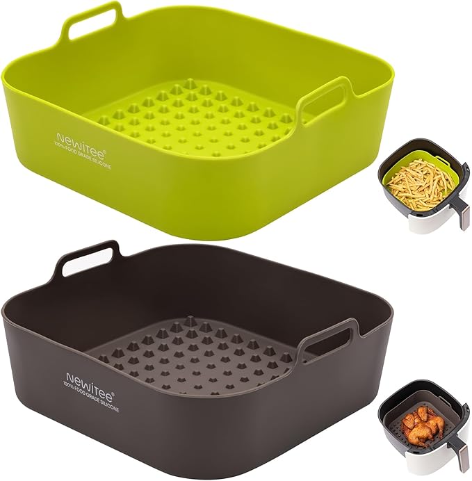 NEWITEE Air Fryer Silicone Liners 5 Qt For Ninja AF141/AF181/COSORI, 2 Pack BPA Free Platinum Air Fryer Basket Liners, Square Ninja Reusable Silicone Liner Accessories Replacement for Parchment