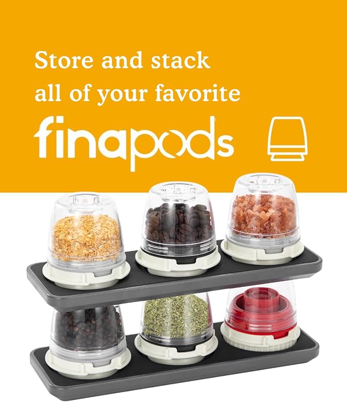 FinaMill Classic Battery-Operated Spice Mill Bundle with Slate Trio Stackable Tray – One-Handed Grinder with Interchangeable Pods, Space-Saving Spice Organizer, Valentine’s Day Gift for Food Lovers