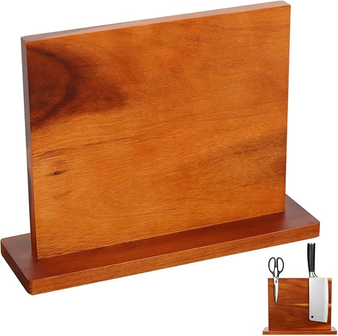 Magnetic Knife Block, Acacia Wood Knife Holder Stand with Strong Magnets, Double Side Knife Storage Rack for Kitchen (Brown)