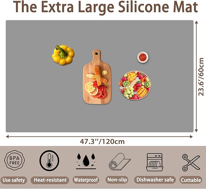 47.3''x23.6''(120cmx60cm) Extra Large Silicone Mat for Kitchen Counter, 1.4MM Thick Non-Slip Heat Resistant Countertop Protector, Waterproof Durable Kitchen Mat for Countertops, Islands (Black)