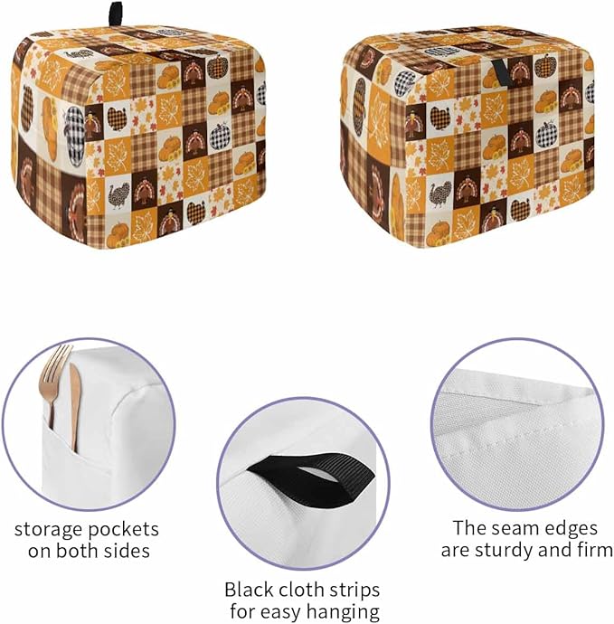 Orange Plaid Fall Toaster Cover 2 Slice, Thanksgiving Pumpkins Turkey Dustproof Bakeware Oven Protector with Top Hook, Maple Leaf Waterproof Small Kitchen Appliance Toasters Dust Cover, 11"x6"x8"