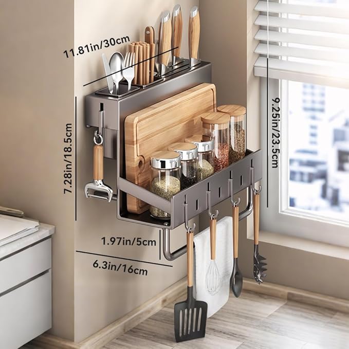 Multifunctional Wall-Mounted Knife Holder Kitchen Utensils Holder Spice Storage Organizer Rack for Knives, Spoons, Chopsticks, Towels, Pot Lids, Spice Jars (Black)