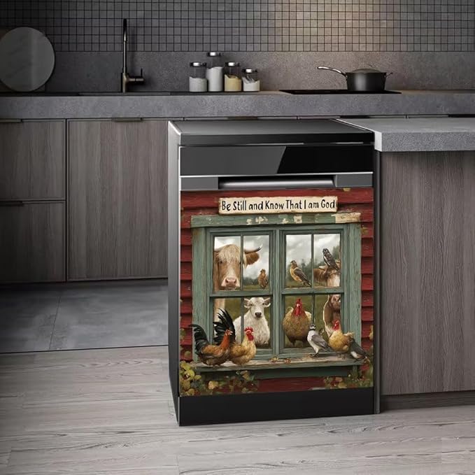 Farmhouse Animals Dishwasher Magnetic Cover,Rooster Refrigerator Magnet Cover Panel Decal, Cow Washing Machine Front Cover Magnetic Cover,Christian Appliance Panel Sticker,23"x17"