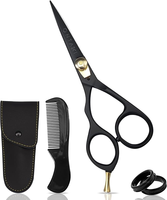 Ontaki Beard and Mustache Scissors for Men - 5.5 in, Black, Left Hand - 420C Japanese Steel Precise Sharp Blades - Complete Grooming Kit with Mustache Comb & Scissors Set