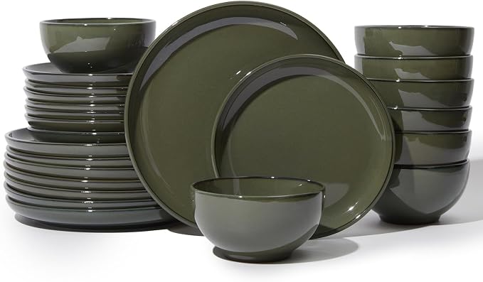Pokini 24 Piece Dinnerware Set for 8, Santorini Mist Terracotta Plates and Bowls Sets, Complete Stoneware Dish Set for Large Families and Entertaining, Microwave & Dishwasher Safe, Blackish Green