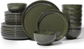 Pokini 24 Piece Dinnerware Set for 8, Santorini Mist Terracotta Plates and Bowls Sets, Complete Stoneware Dish Set for Large Families and Entertaining, Microwave & Dishwasher Safe, Blackish Green