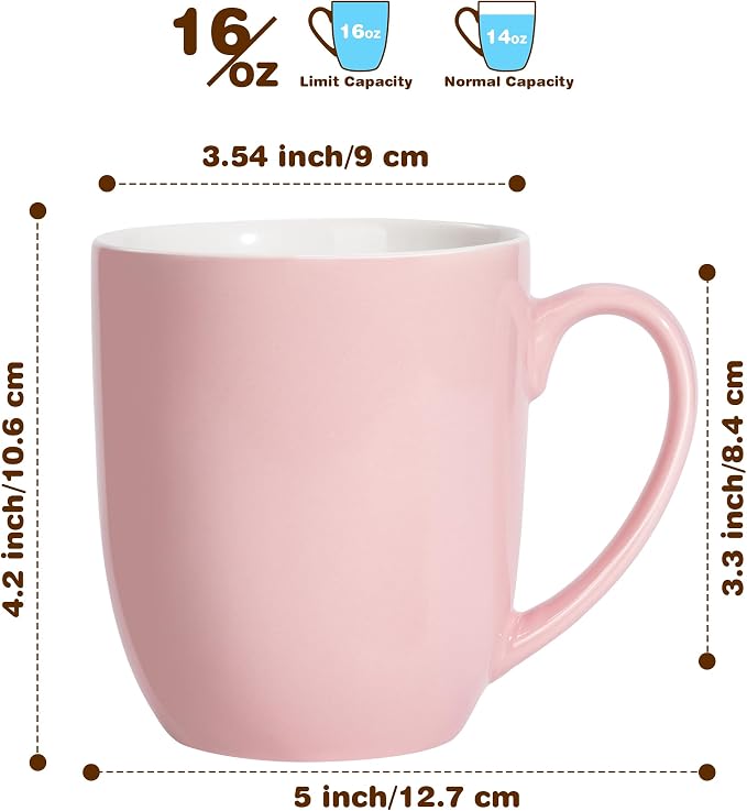 Urbanstrive 16 oz Large Coffee Mugs Set of 6 Ceramic Coffee Mug White Coffee Cups Tea Cups Idea Gift for Women Men House Warming Gifts New Home Office, Pink 6 Pack