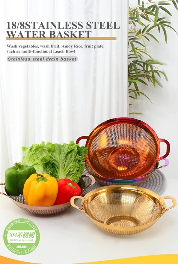 Stainless Steel Colander With Handle and Legs Drain Basket for Pasta, Spaghetti, Berry, Veggies, Fruits, Noodles, Salads, Fruit Colander Strainer Metal Rice Sieve Kitchen Utensils-Rainbow Color
