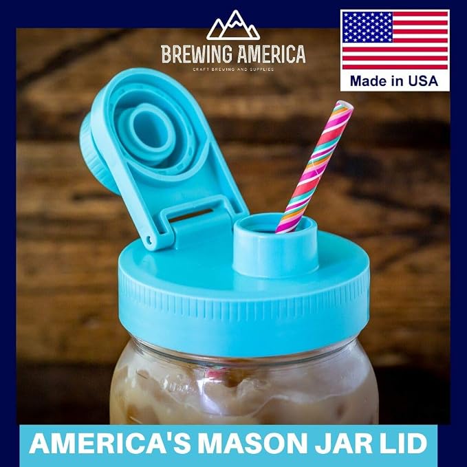 Brewing America Glass Mason Jar Pitcher with Lid, 1 Quart (32 oz) with Teal Wide Mouth Pour Lid, for Smoothie, Boba Cup, Sun Tea, Cold Coffee Glass Tumbler, 2-Pack