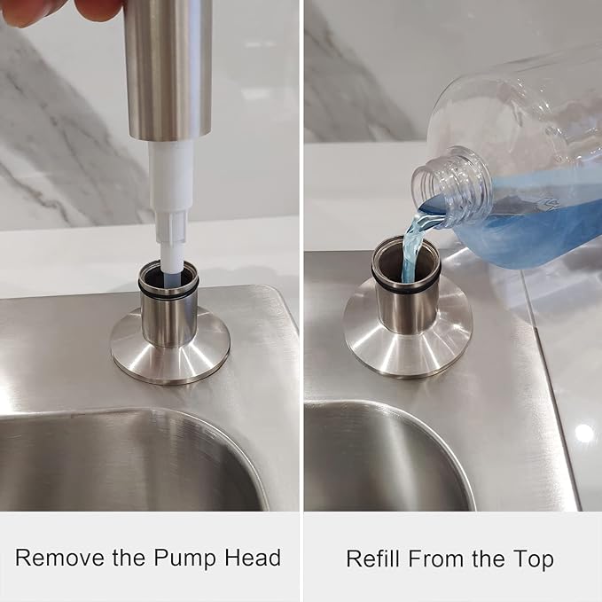 EADOT Brushed Nickel Built in Soap Dispenser for Kitchen Sink with 17 OZ PET Bottle Brass Pump Head Deck Mounted Dish Soap Dispenser