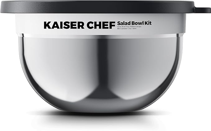 Salad Bowl Kit 74oz,Salad Container For Lunch,18/8 Stainless Steel,Salad Bowl With Lid, Includes 1.7oz Condiment Container and Removable Tray,Leak-Proof, Easy to Clean (Mirror)