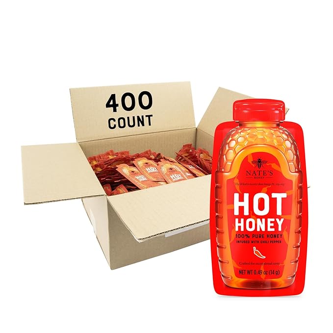 Nate's Bulk 400ct Hot Honey Minis - Single-Serve 100% Pure Honey Infused with Habanero Chili Pepper – 0.49oz Packets, 400ct box