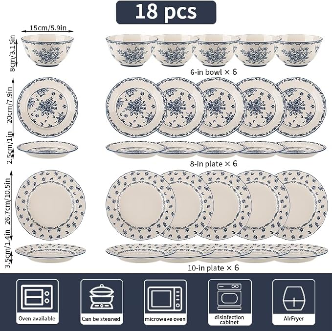 18-Piece Vintage Blue Floral Ceramic Dinnerware Set, Service for 6, Microwave & Oven Safe Plates and Bowls, Porcelain Dish Set for Family Meals